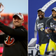 (L to R) Cincinnati Bengals head coach Zac Taylor; Von Miller and Aaron Donald of the Los Angeles Rams.